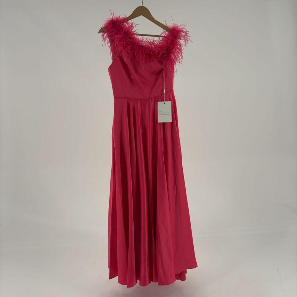 Mac Duggal Long Fuzzy Straps Hot Pink Dress